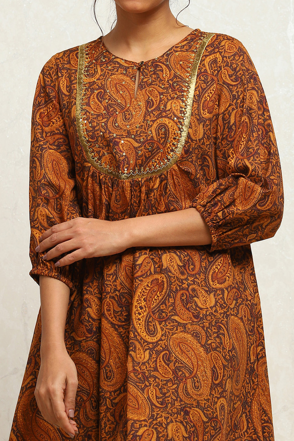 Mustard Yellow Cotton Paisley Printed A-line Kurti image number 1