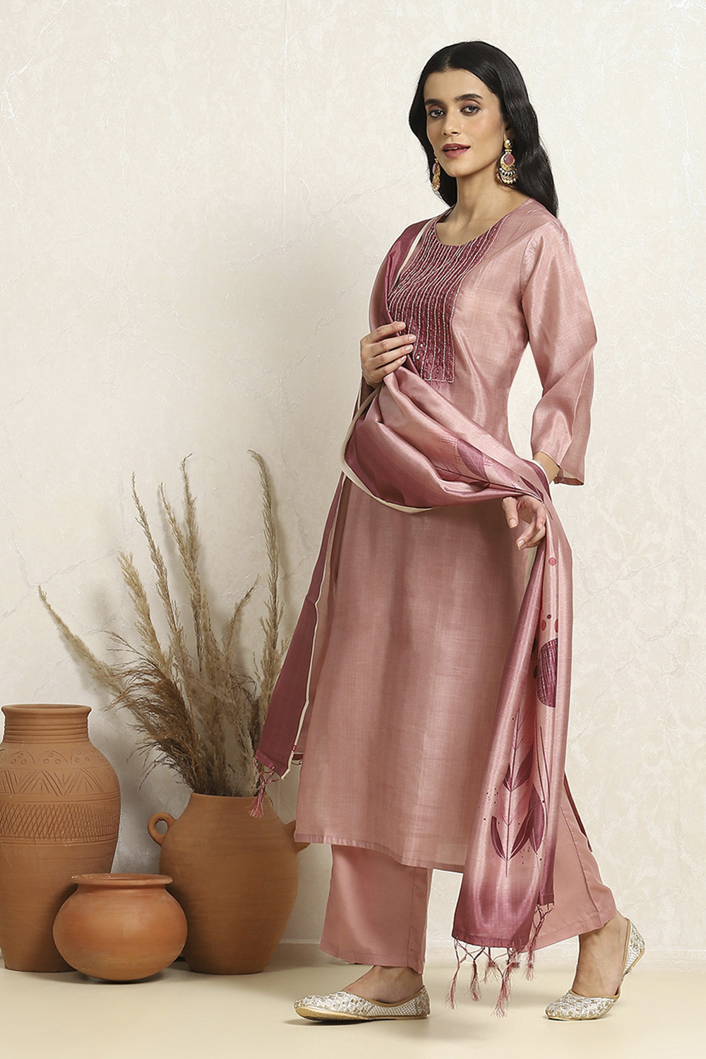 Pink Cotton Kota Embellished Unstitched Suit Set image number 4