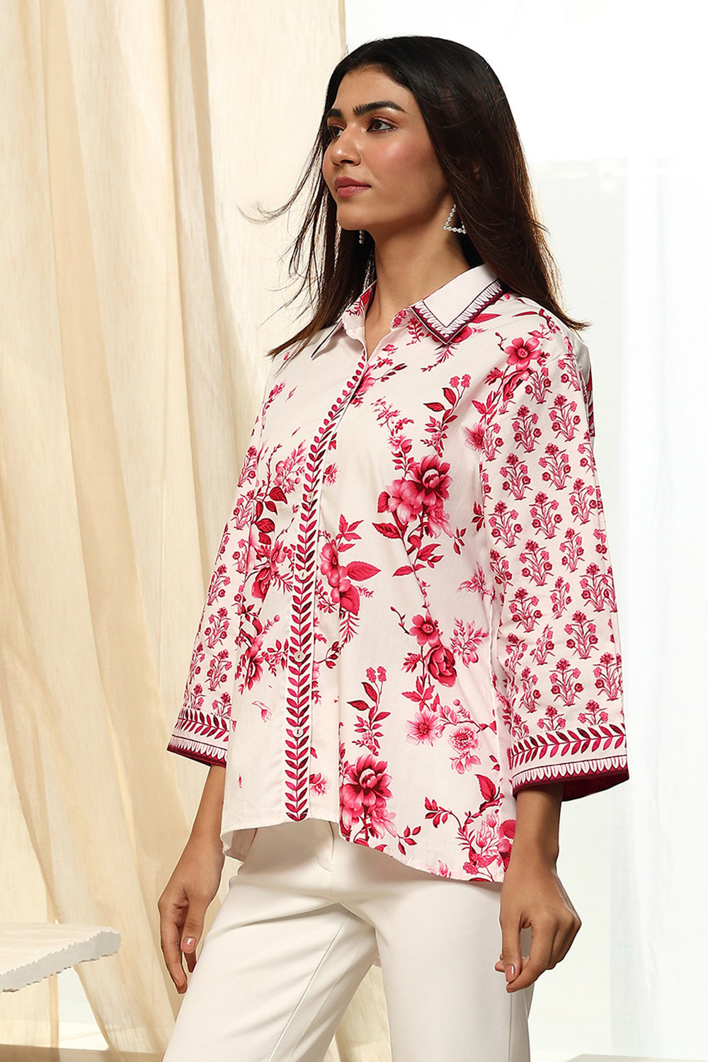 White-Pink Cotton Straight Printed Shirt image number 2