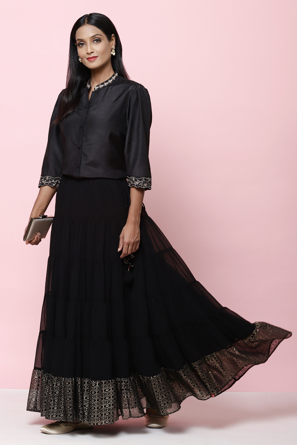 Black Straight Art Silk Shirt Embroidered Kurti