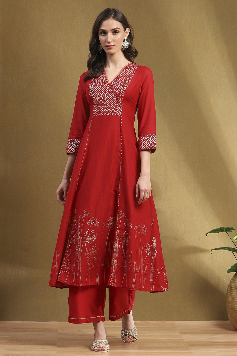 Red Cotton Printed Festive A-Line Suit Set image number 6