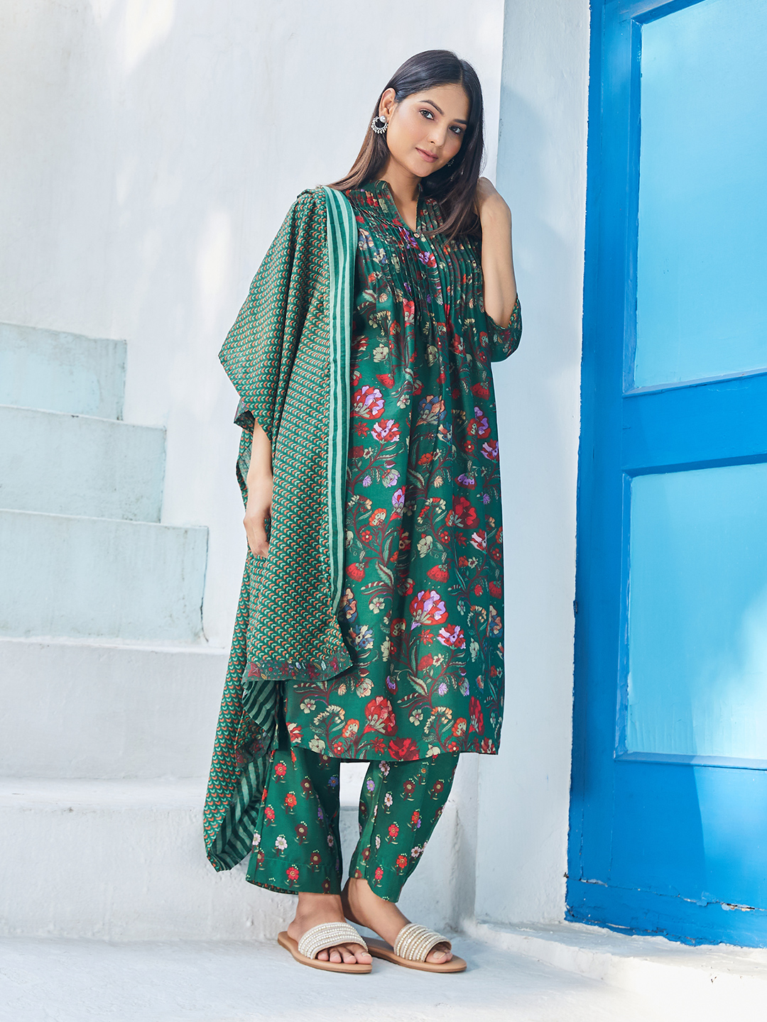 Green Poly Cotton Layered Kurta Narrow Palazzo Suit Set image number 0