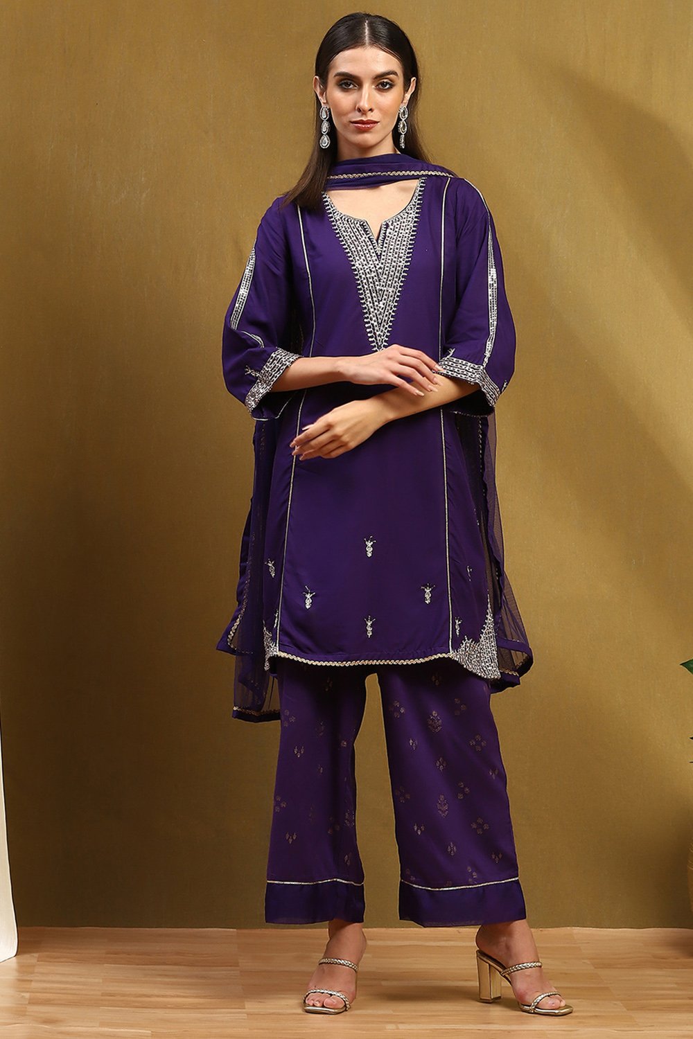 Purple Embroidered Straight Suit Set image number 6