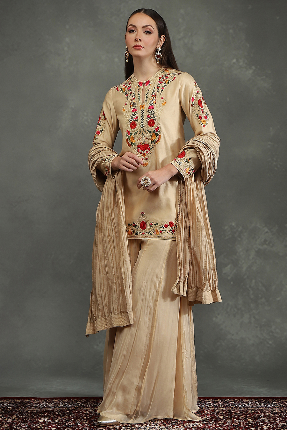 Rohit Bal Beige Silk Chanderi Floral Straight Suit Set image number 3