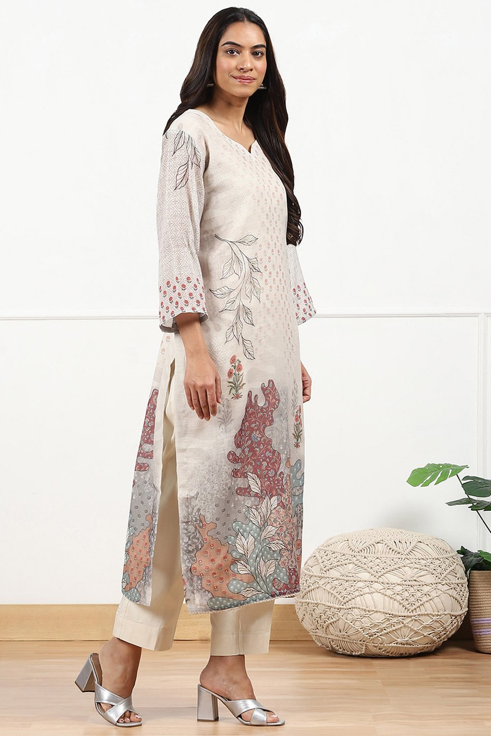 Beige Linen Floral Printed Unstitched Suit Set image number 6