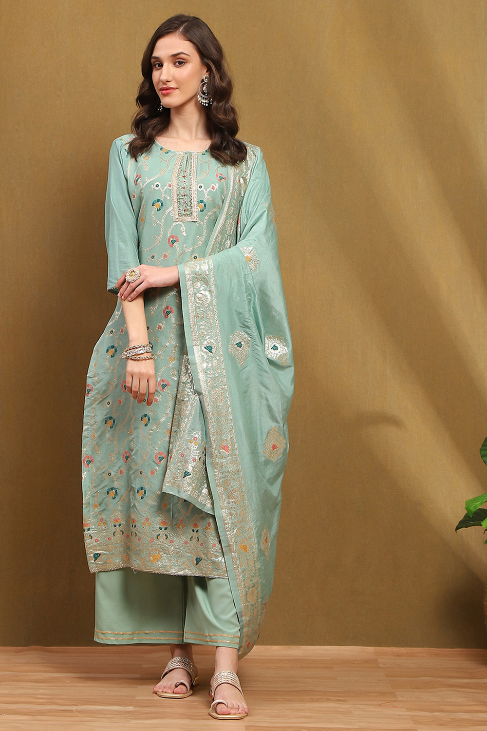 Green Silk Blend Woven Unstitched Suit Set image number 5