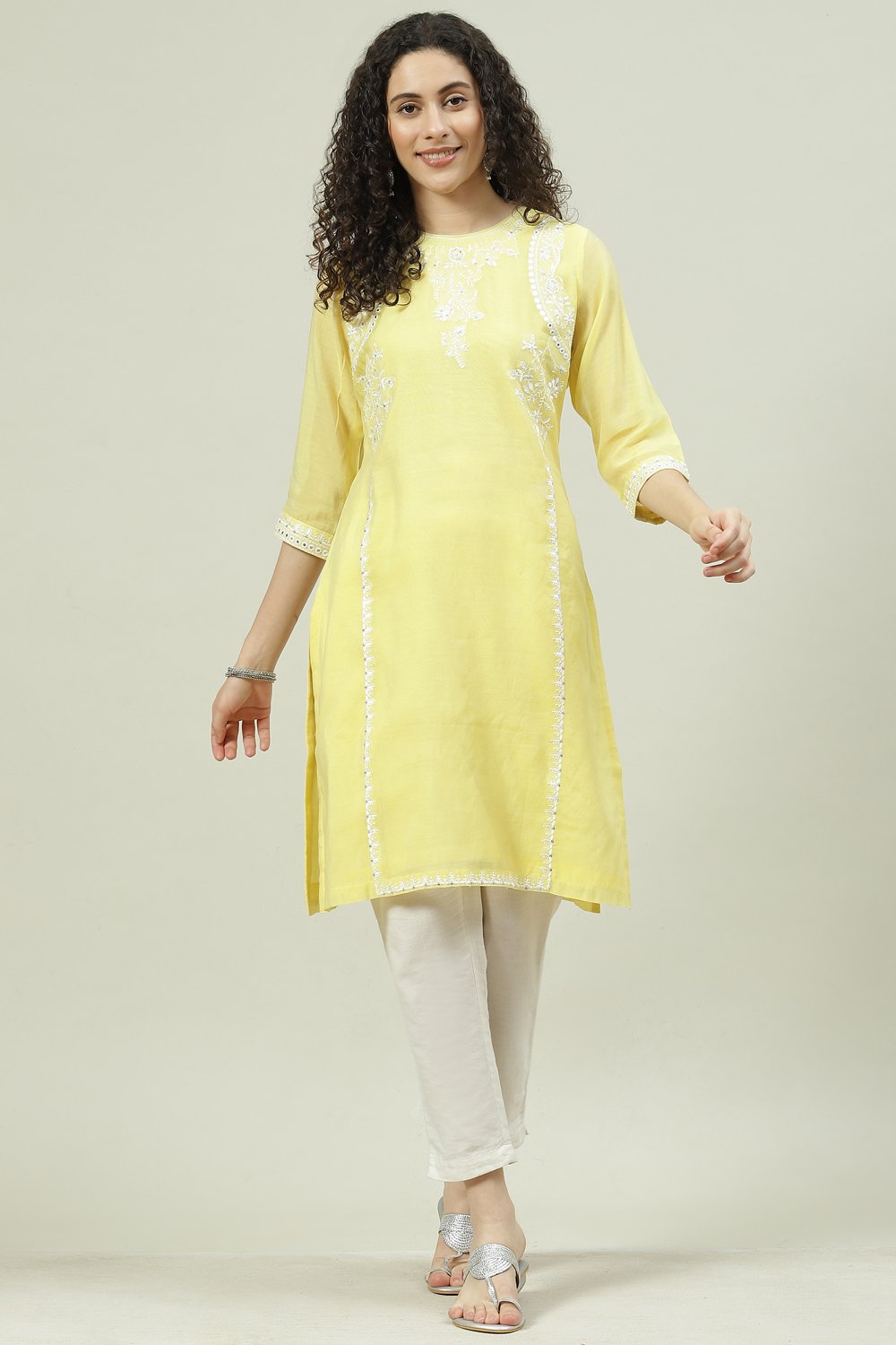 Beige Art Silk Straight Embroidered Kurta image number 5