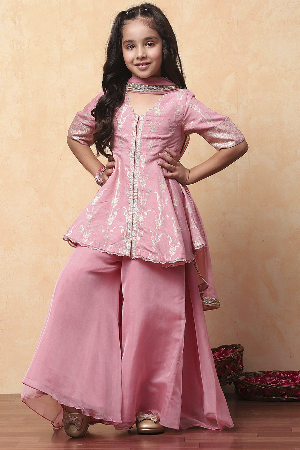 Pink Viscose Chanderi Printed Festive Flared Suit Set image number 6