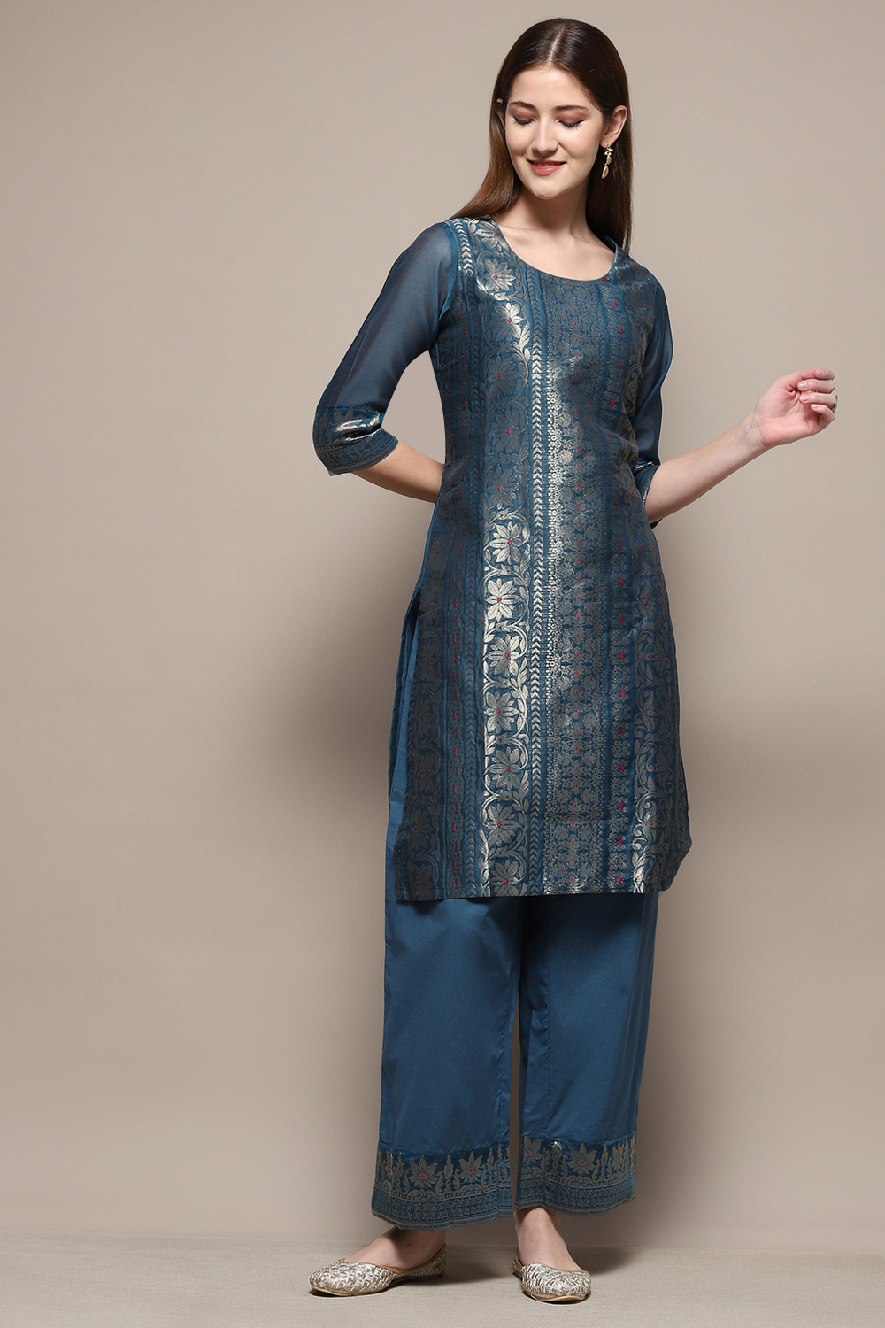 Blue Cotton Blend Straight Kurta Palazzo 2 Piece Set image number 0