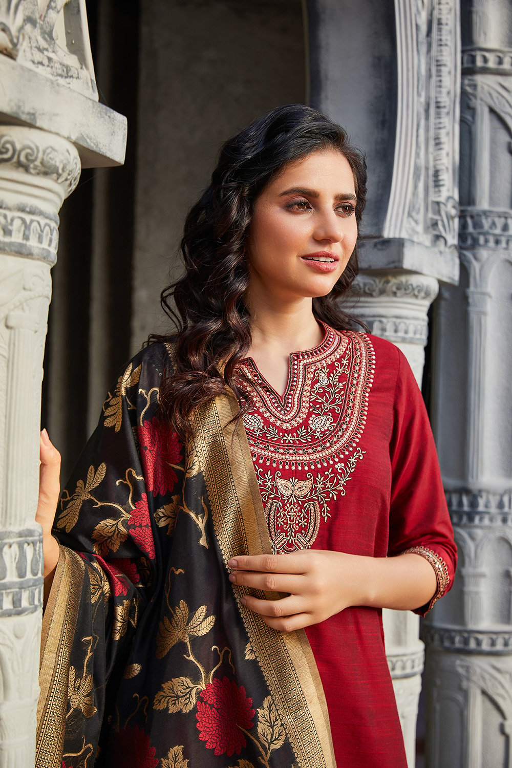 Maroon & Black Poly Viscose Straight Embroidery Kurta Slim Pants Suit Set image number 0