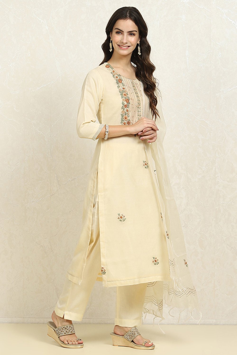 Beige Cotton Blend Machine Embroidered Unstitched Suit Set image number 6