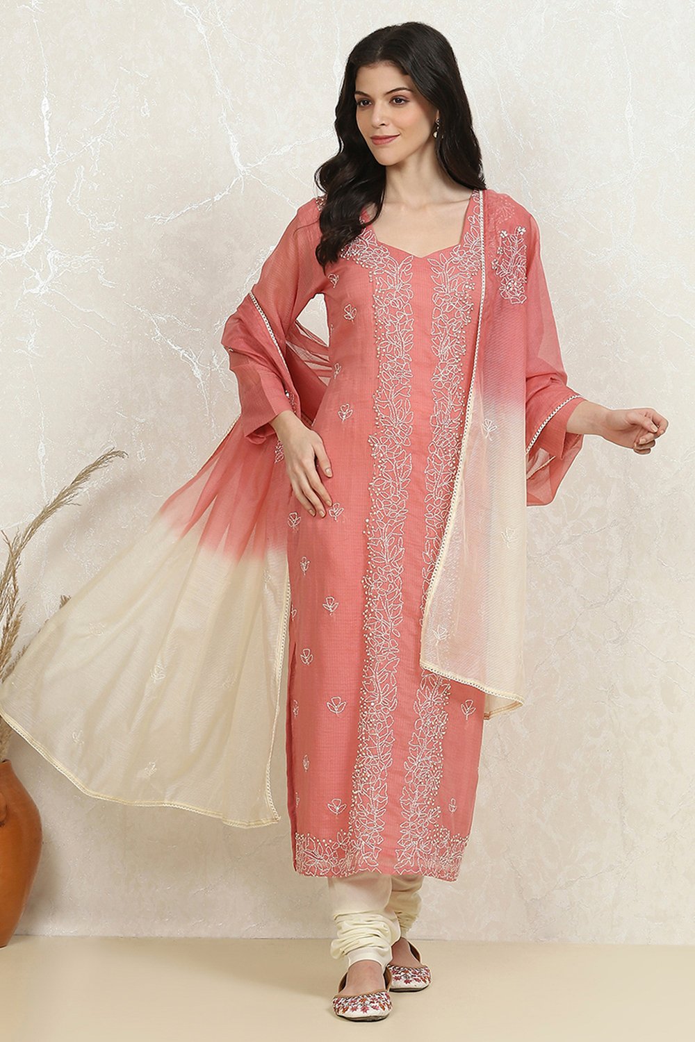 Peach Cotton Hand Embroidered Unstitched Suit Set image number 1