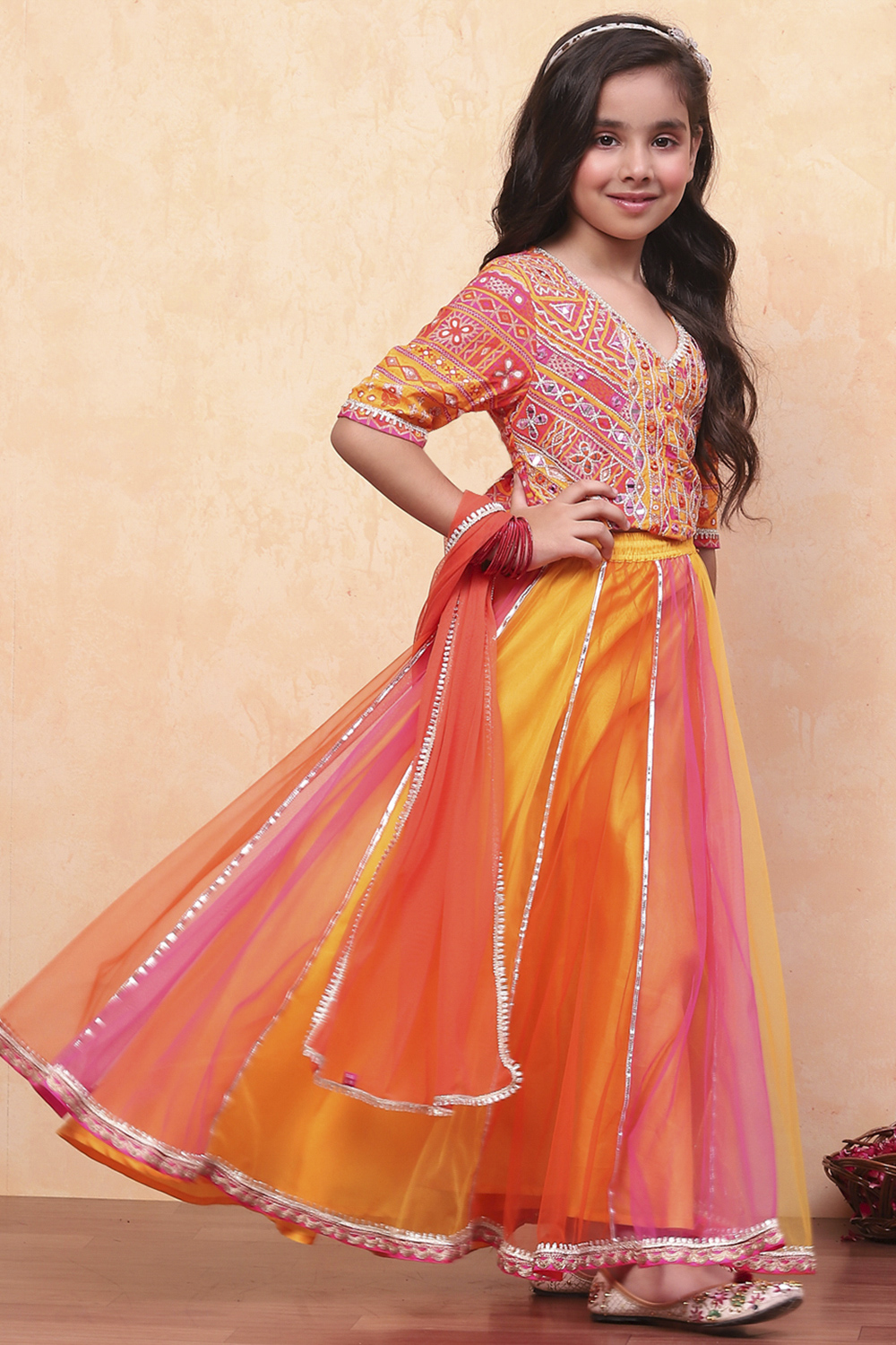 Yellow and Pink Embellished Festive Flared Lehenga Set image number 5