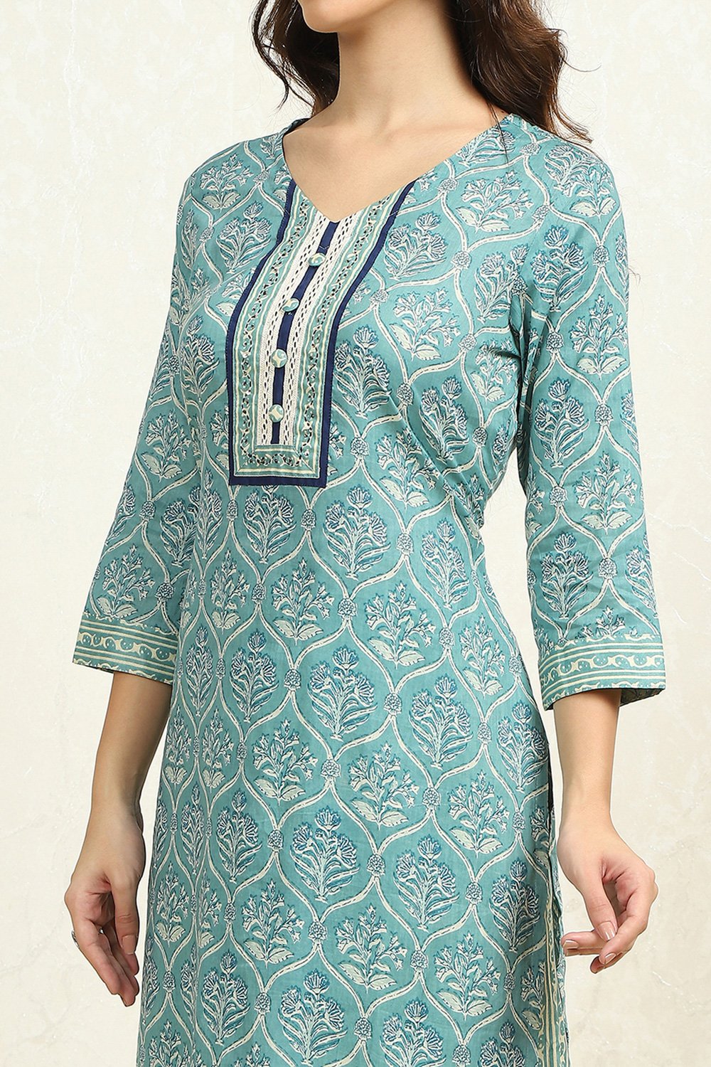 Blue Cotton Hand Block Print Unstitched Suit Set image number 2