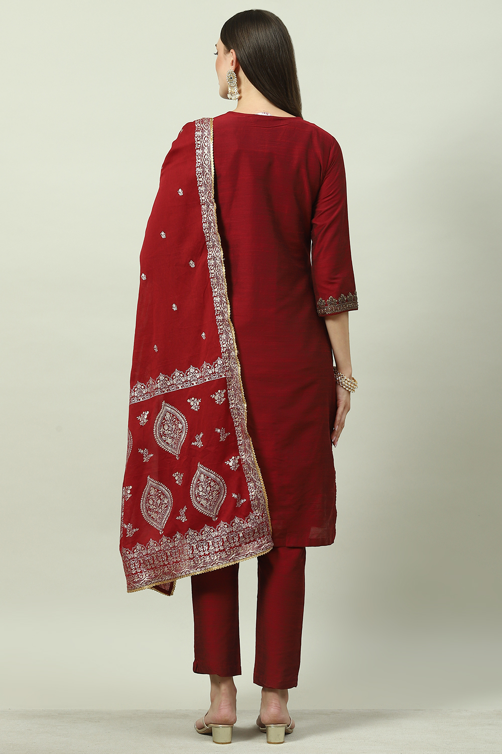 Maroon Poly Viscose Straight Kurta Slim Pants Suit Set image number 4