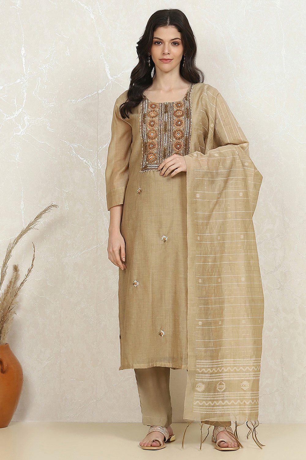 Beige Cotton Hand Embroidered Unstitched Suit Set image number 7