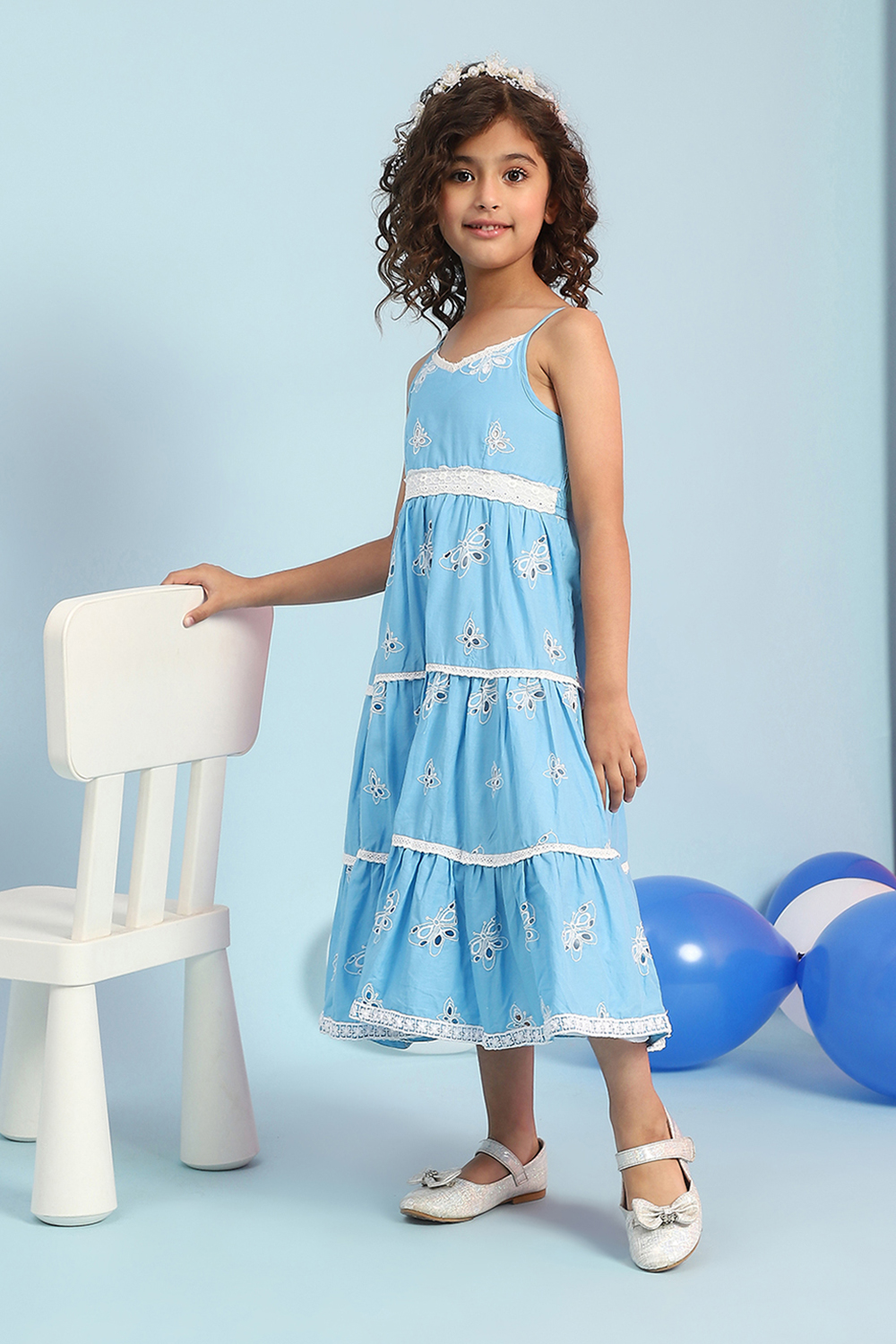 Blue Cotton Schiffli Strappy Tiered Dress image number 2