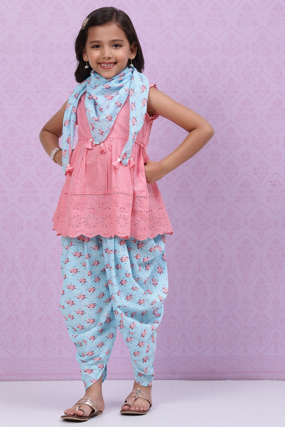 Pink Blue Cotton Flared Kurta Dhoti Salwar Suit Set image number 7