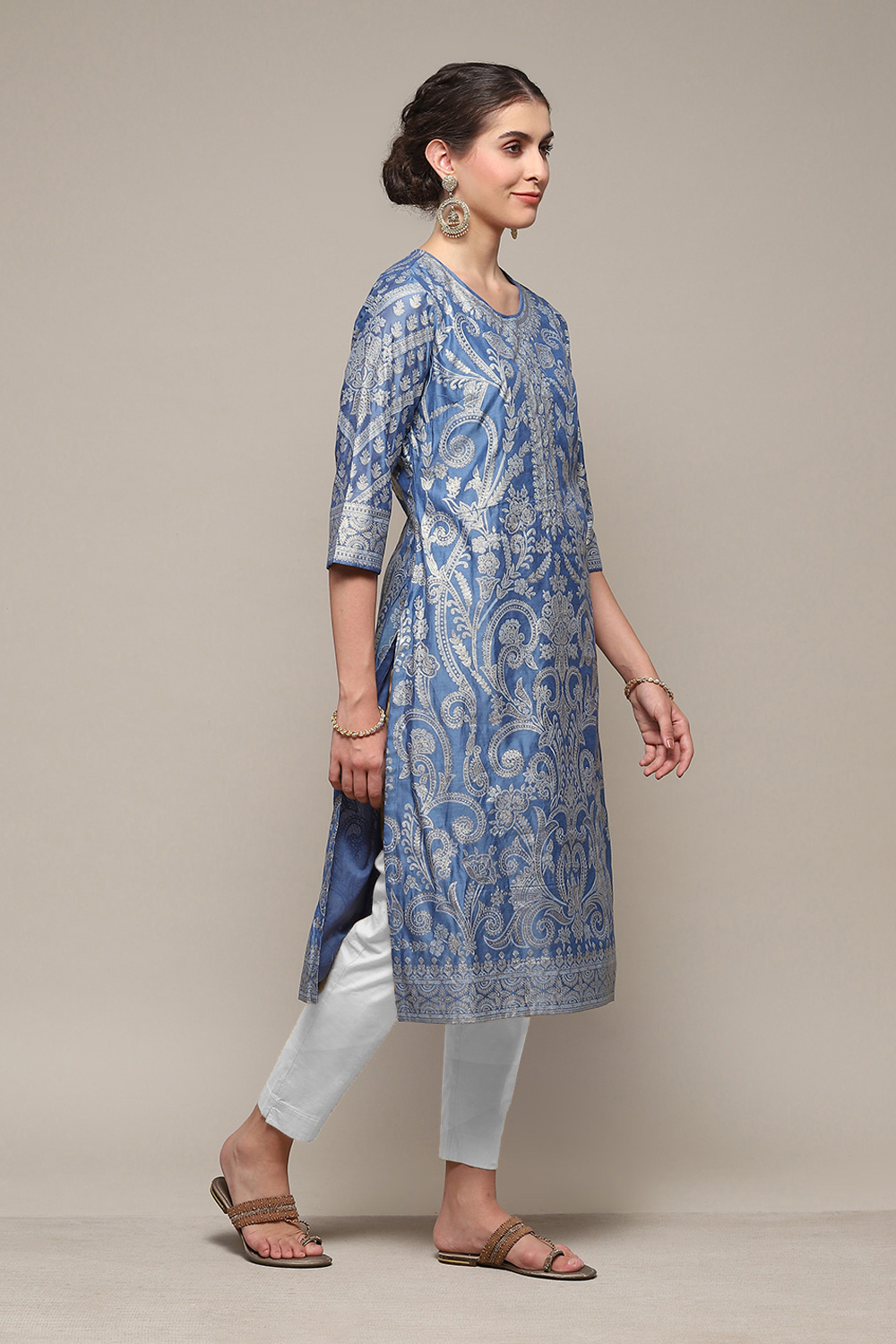 Blue Polyester Straight Printed Kurta image number 3