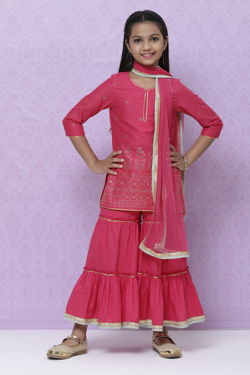 Fuchsia Cotton Girls Straight Kurta Sharara Suit Set image number 0