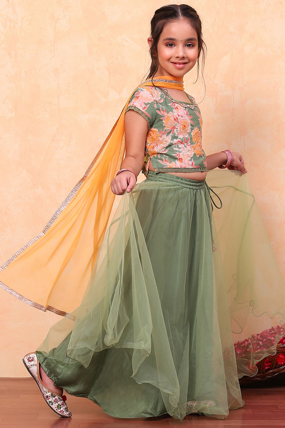 Green Floral Festive Flared Lehenga Set image number 3