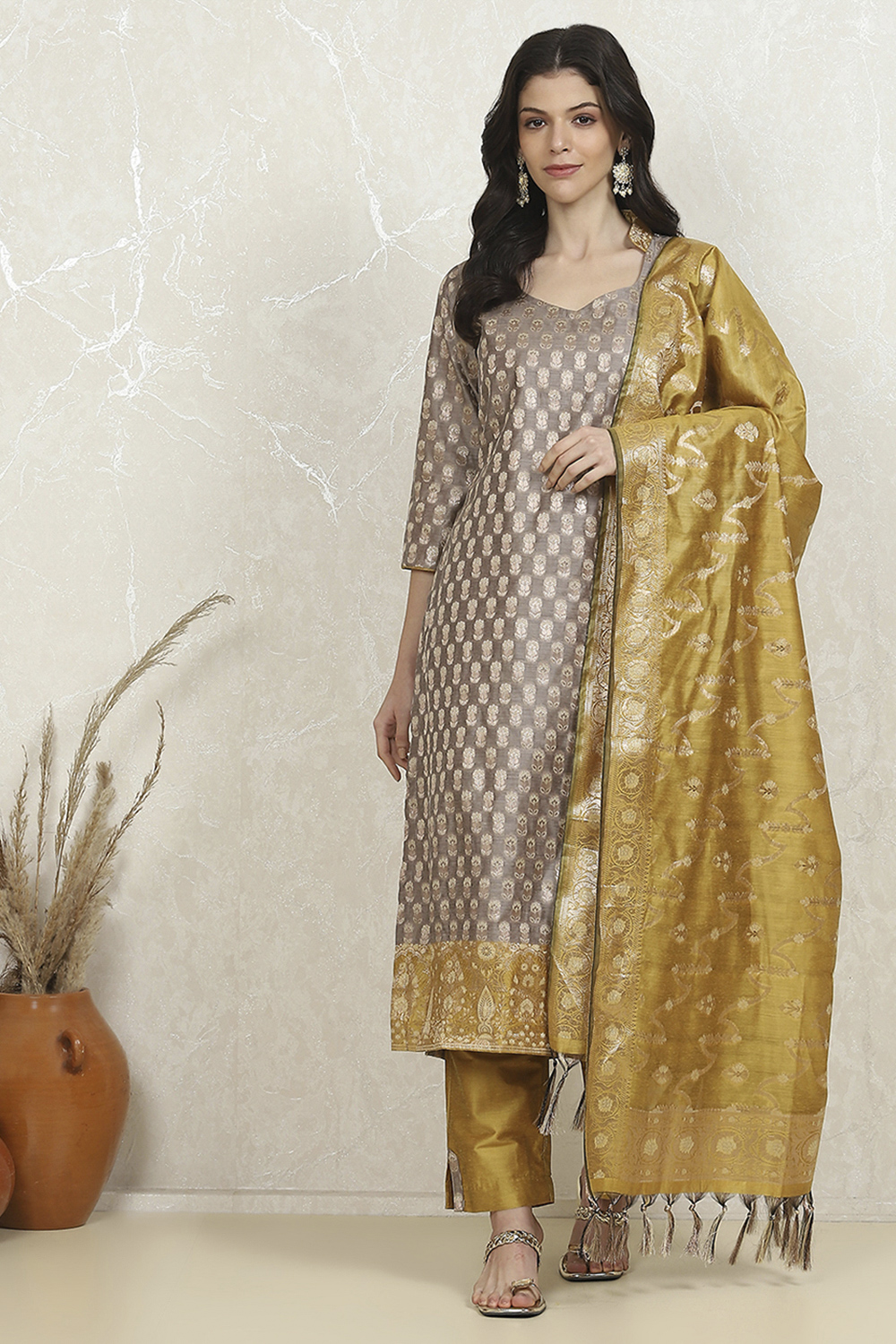 Grey Art Silk Woven Unstitched Suit Set image number 7