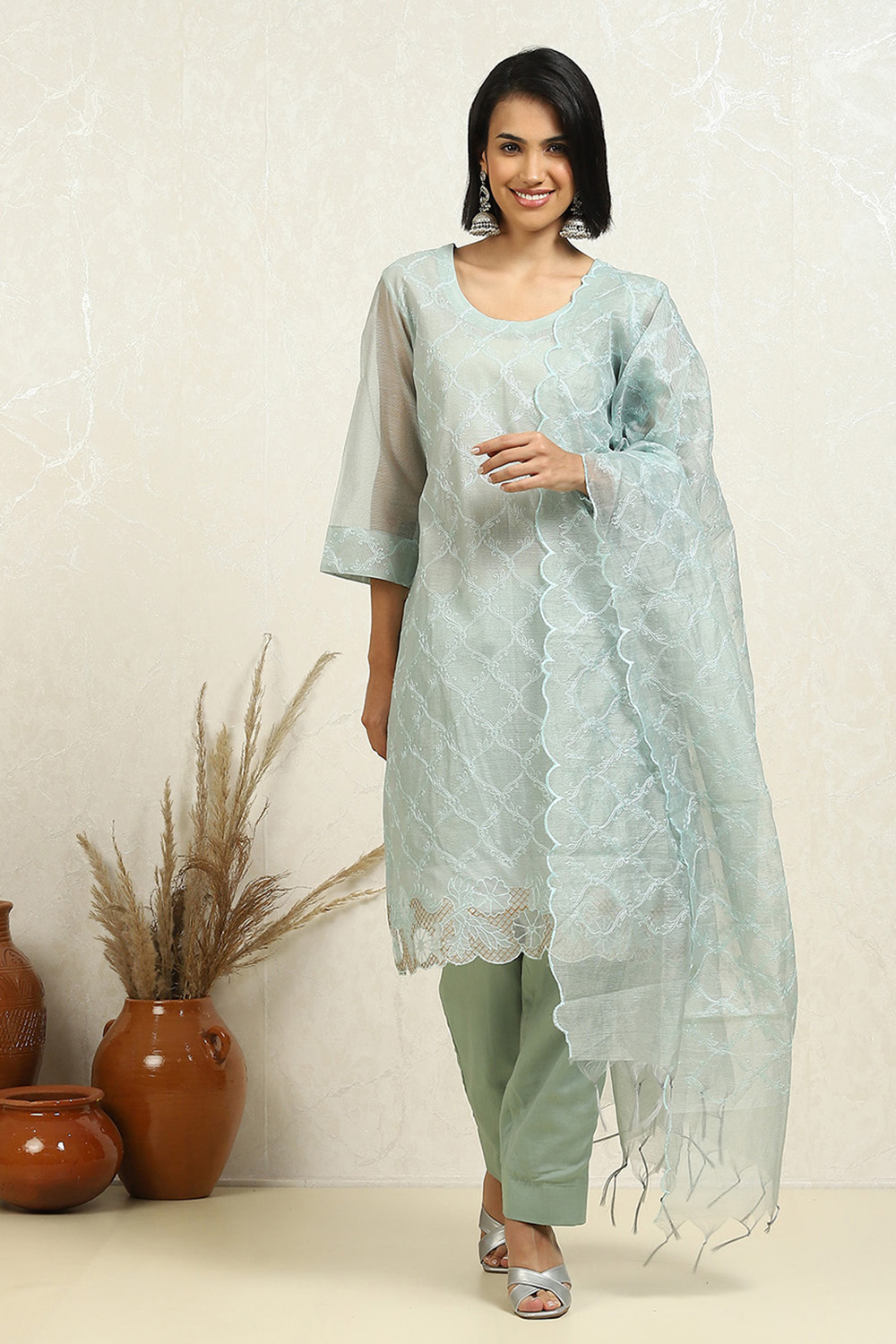 Grey Floral Thread Work Unstitched Suit Set image number 1