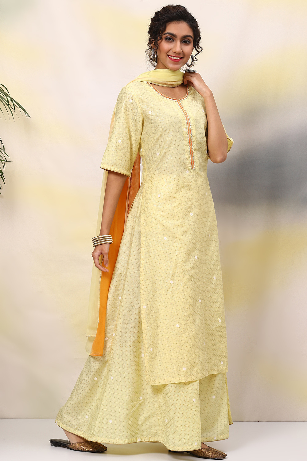 Lime Yellow Art Silk Straight Kurta Sharara Suit Set image number 6