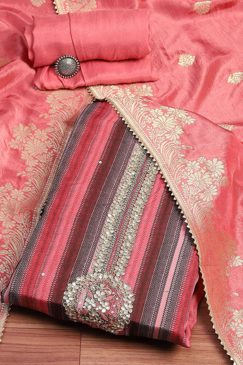 Pink Organza Hand Embroidered Unstitched Suit Set image number 0