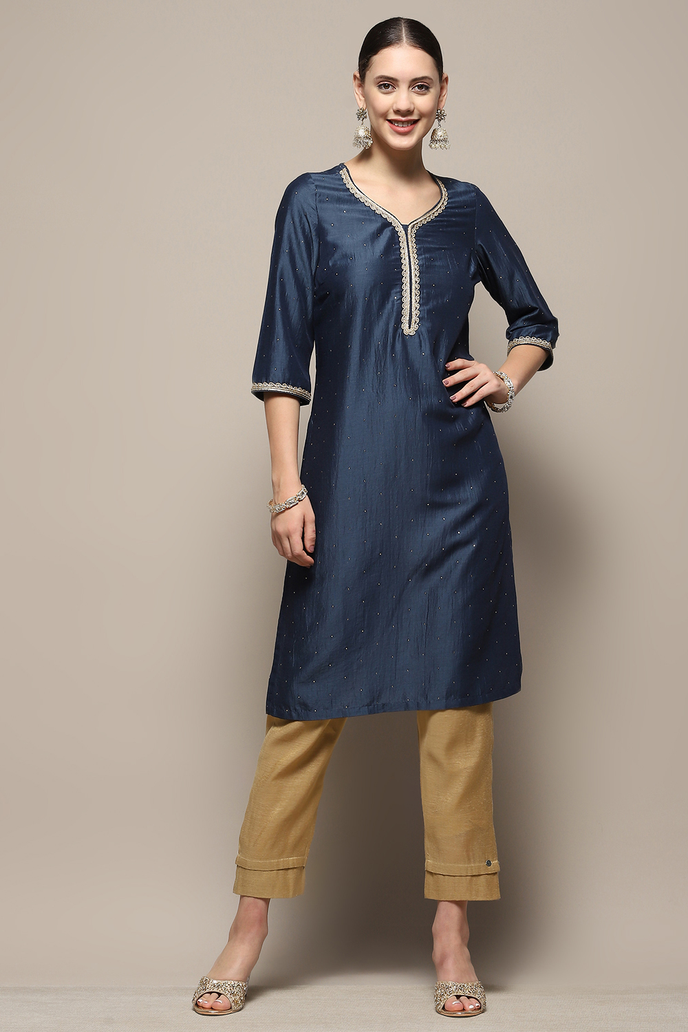 Beige Embellished Festive Straight Kurta image number 6