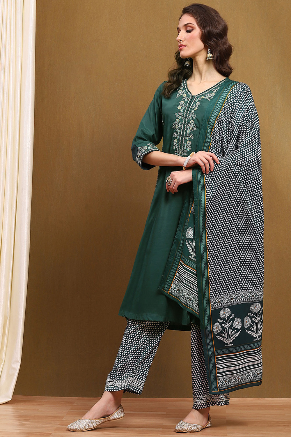 Green Modal Embroidered Festive Kalidar Suit Set image number 3