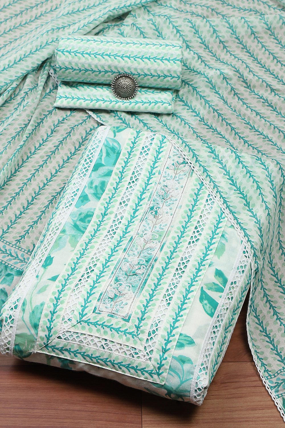 Teal Cotton Printed Unstitched Suit Set image number 0