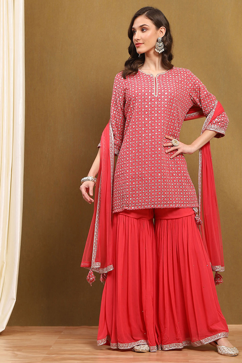 Coral Red Viscose Georgette Festive Straight Suit Set image number 0