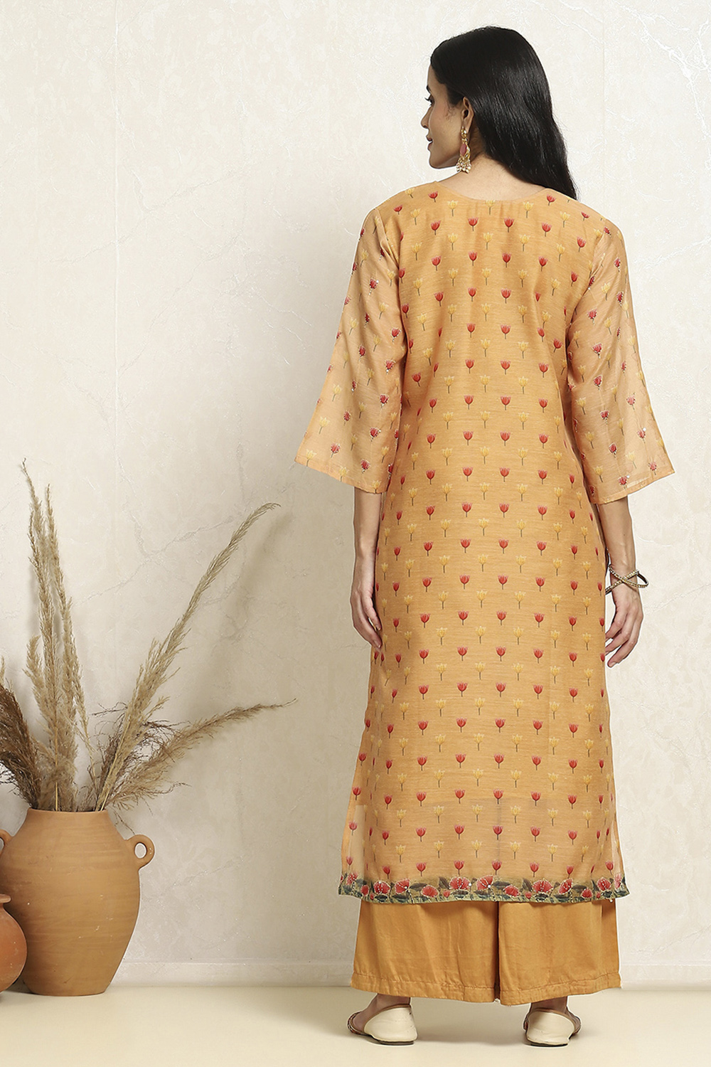 Dull Yellow Chanderi Floral Katha Work Unstitched Suit Set image number 5