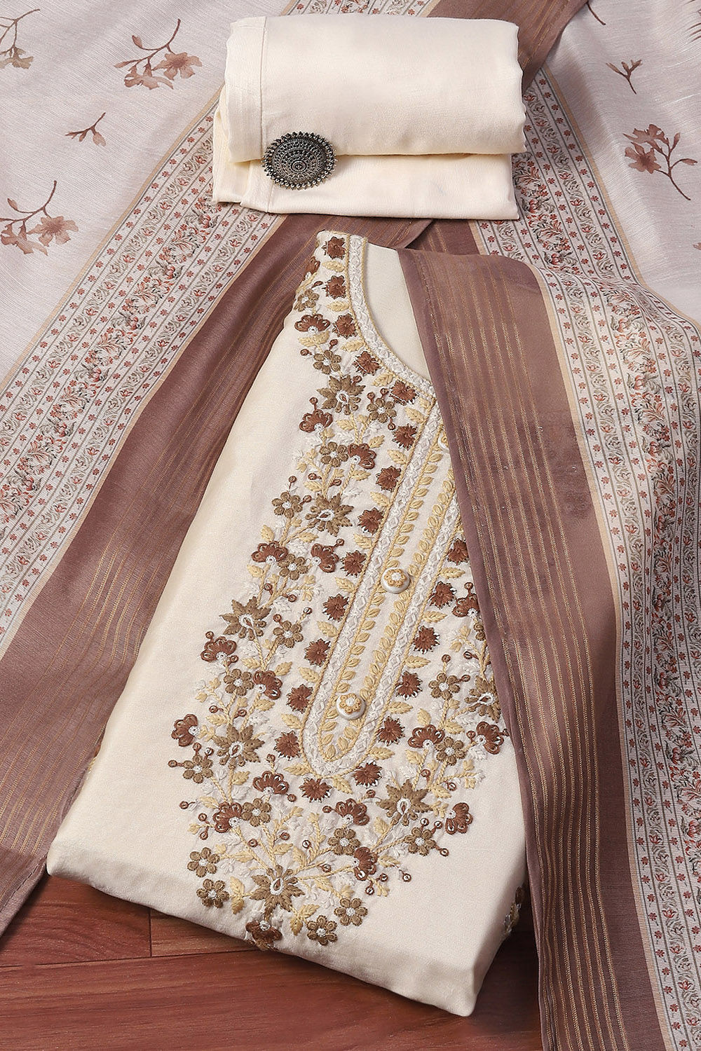 Off White Chanderi Blend Unstitched Suit set image number 0