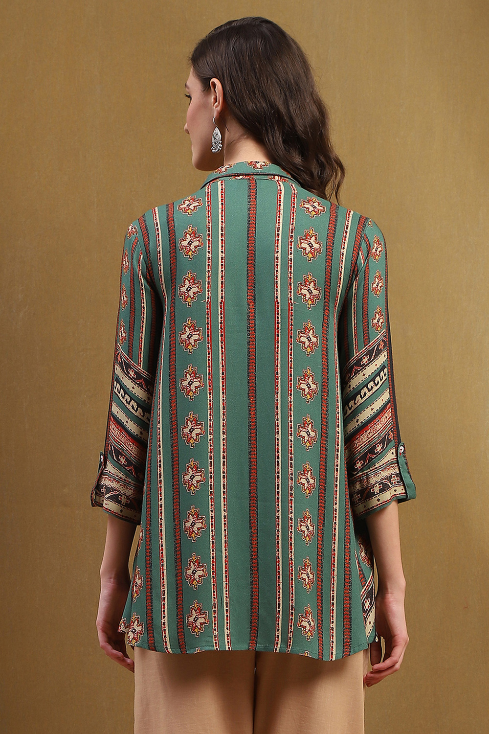 Rust and Green Block Printed Shirt Style Short Kurta image number 3