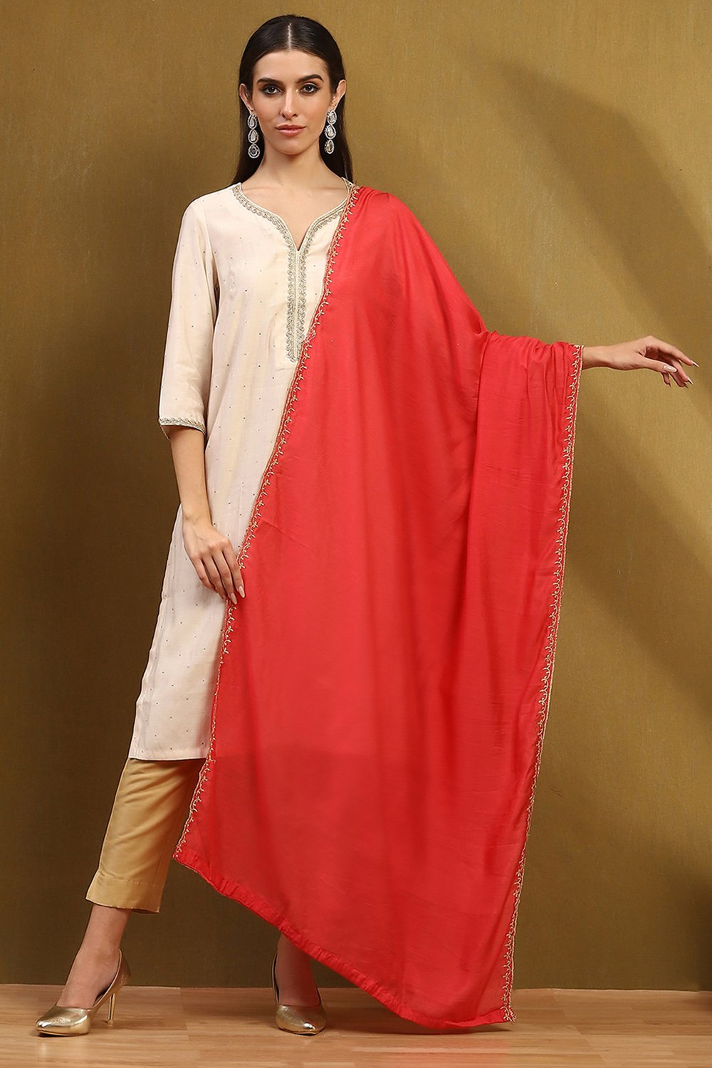 Off White Polyester Dupatta image number 4