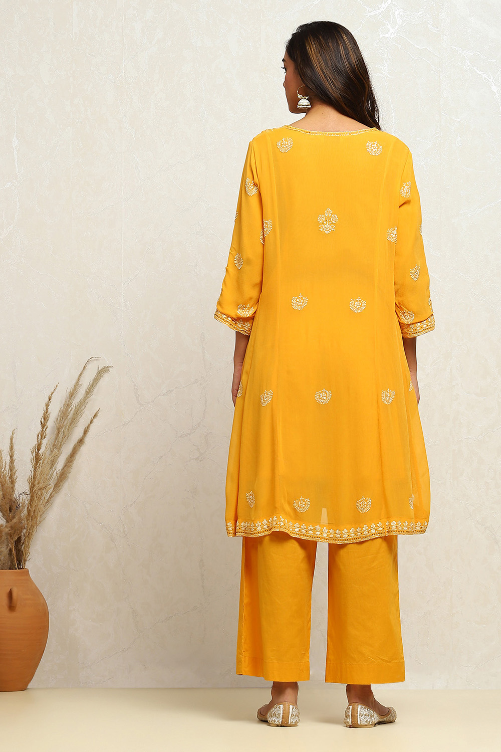 Yellow Embroidered Kalidar Suit Set image number 4