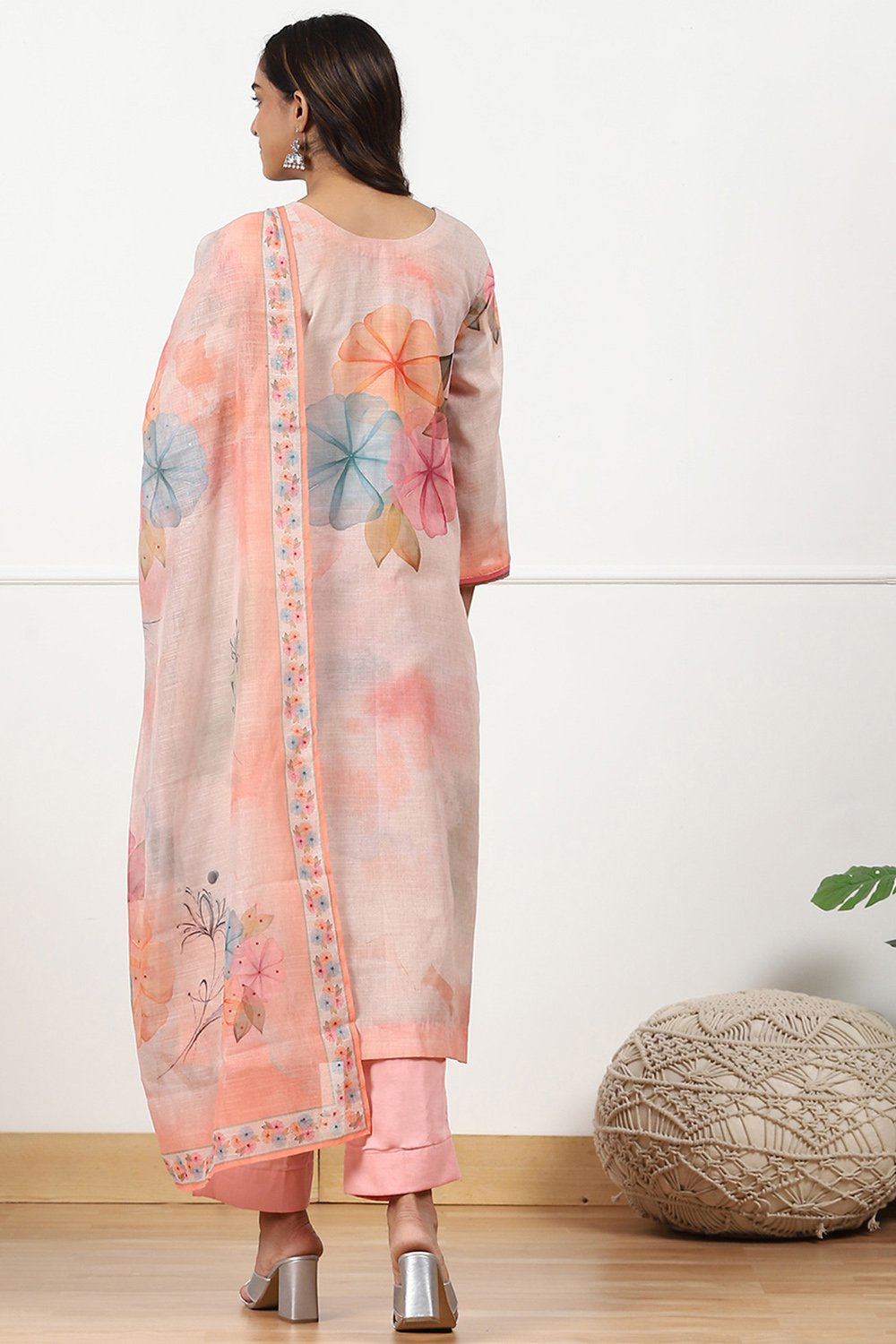 Peach-Colored Linen Printed Embroidered Unstitched Suit Set image number 3