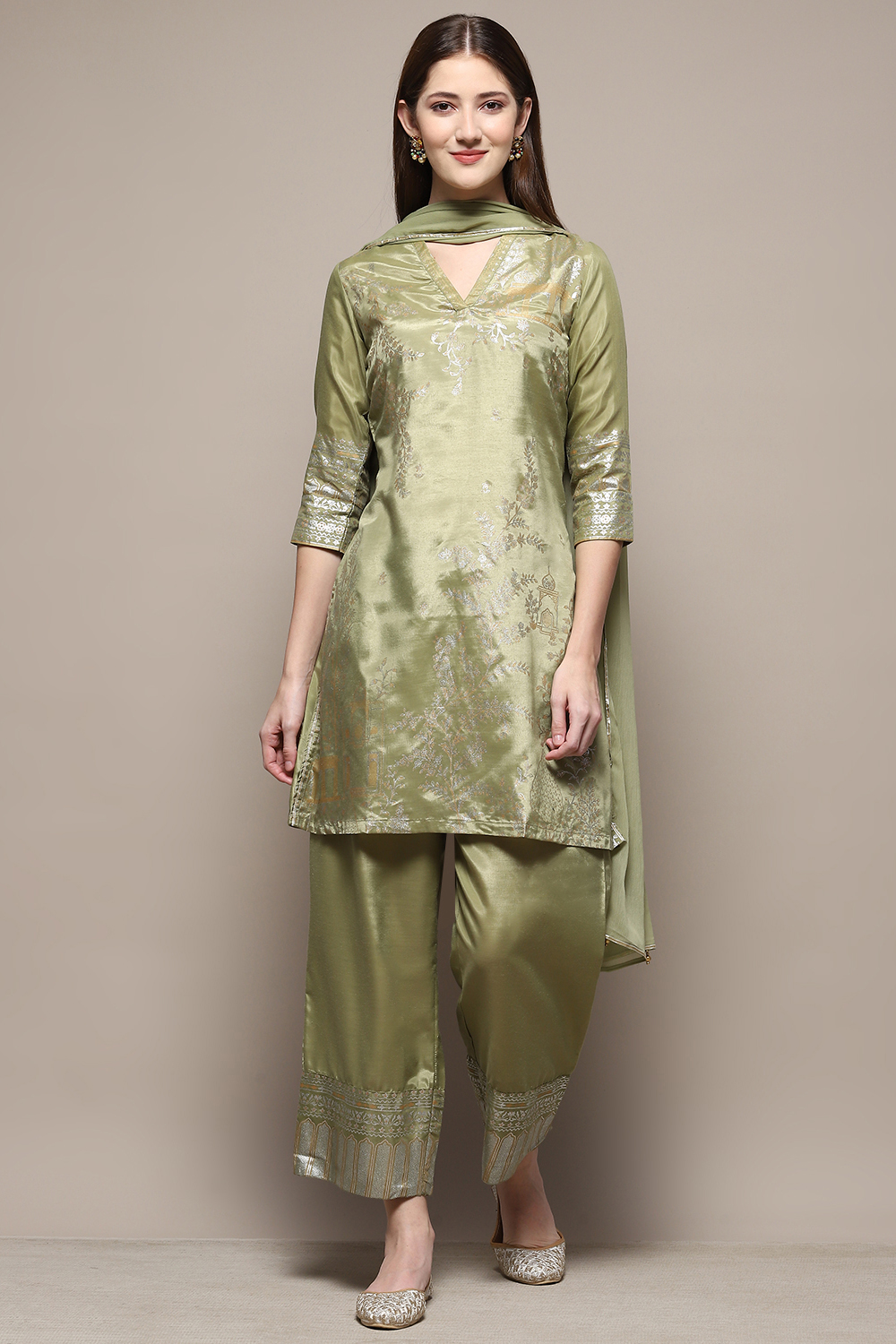 Sage Green Art Silk Straight Kurta Palazzo Suit Set image number 7