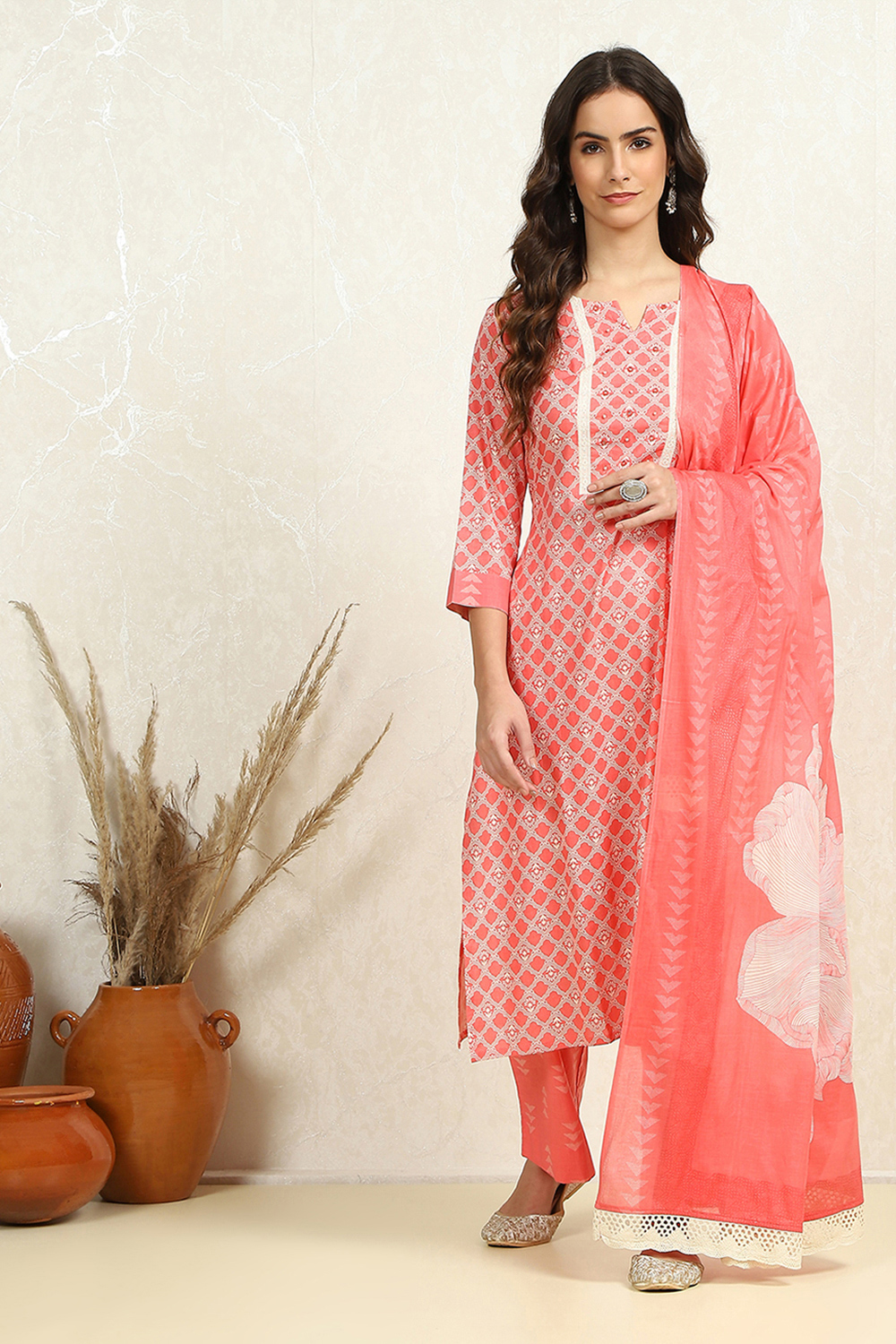 Pink Cotton Hand Block Print Unstitched Suit Set image number 7