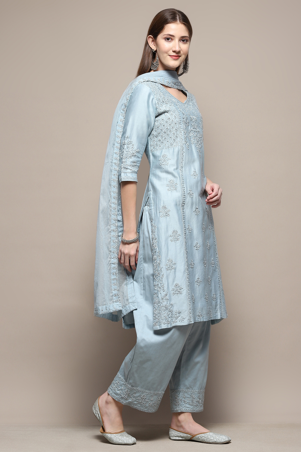 Ice Blue Embroidered Kurta & Palazzo Suit Set image number 6