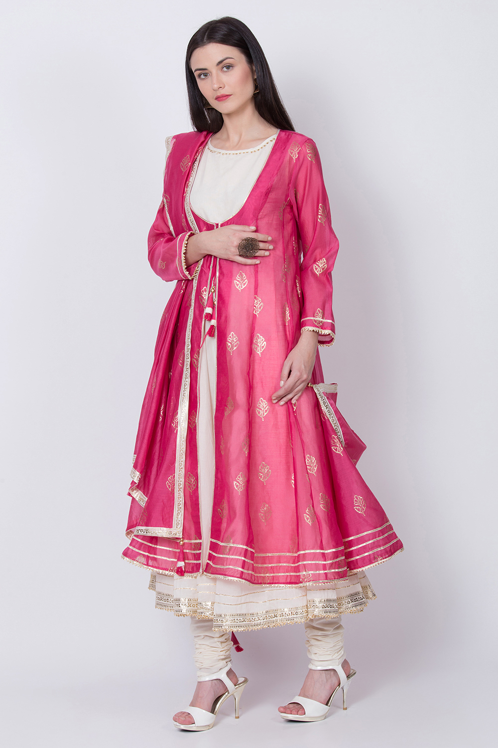 Pink Poly Cotton Front Open Kurta Churidar Suit Set image number 0