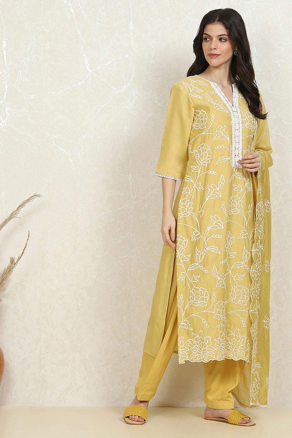 Yellow Modal Machine Embroidered Unstitched Suit Set image number 6