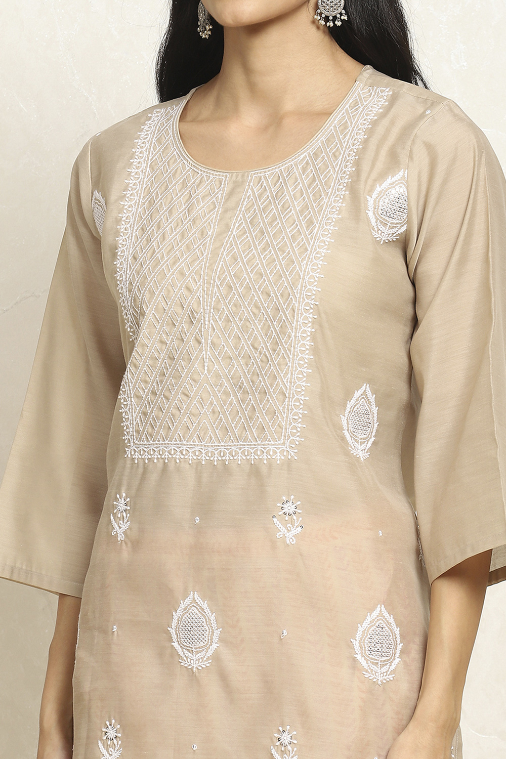 Beige Chanderi Machine Embroidered Unstitched Suit Set image number 2