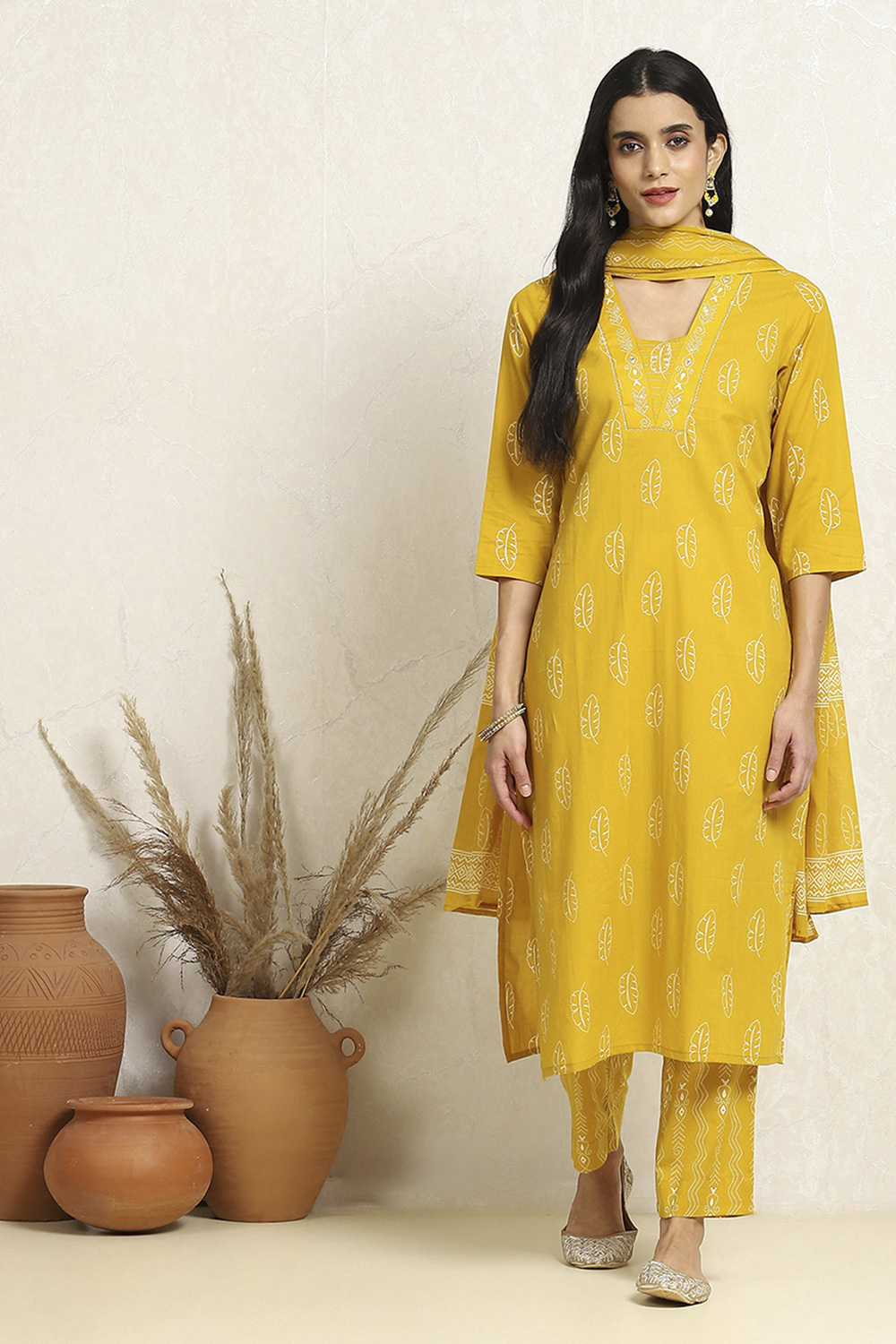 Mustard Yellow Cotton Printed Unstitched Suit Set image number 1