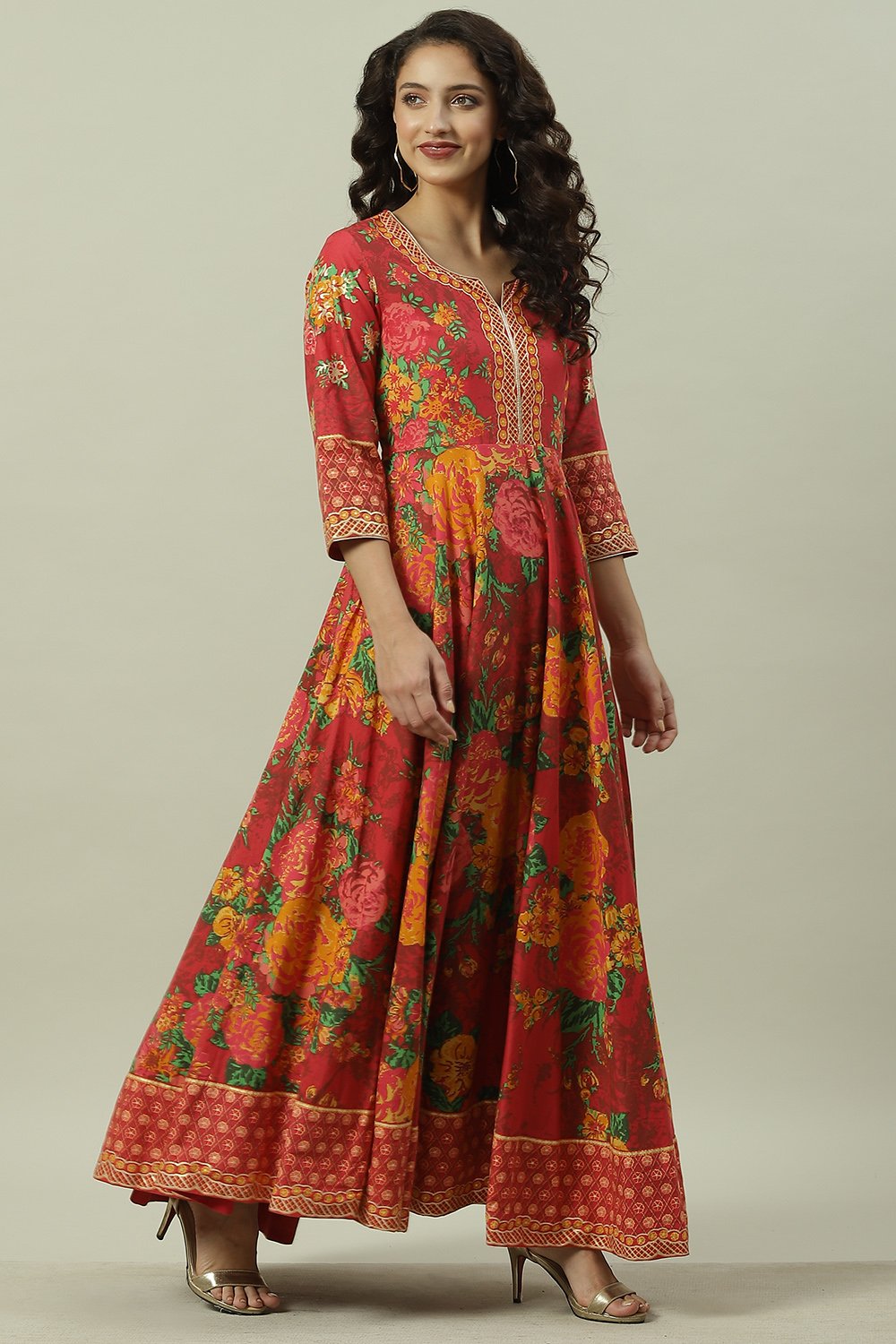 Red Cotton Flared Fusion Printed Dress at Biba India
