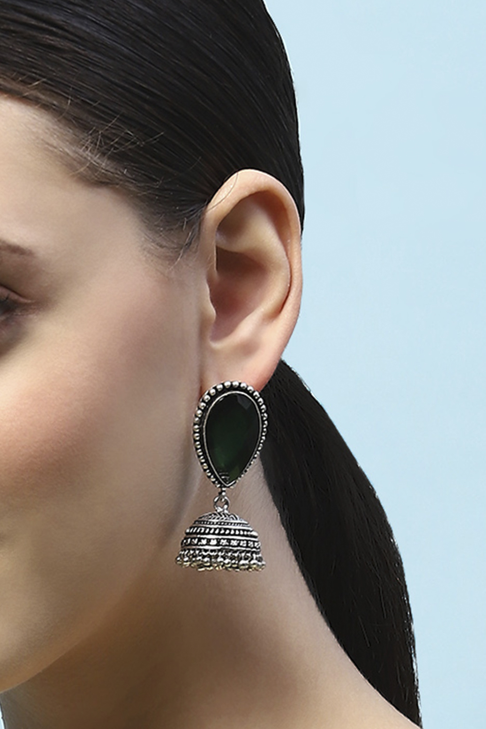 Green Oxidised Stone Studded Tear Drop Jhumkas image number 3