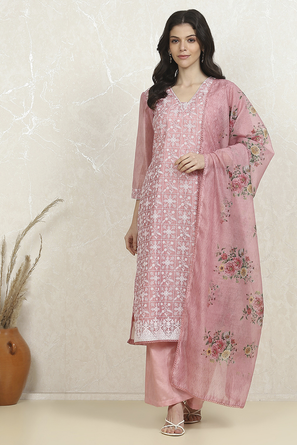 Dusky Pink Chanderi Machine Embroidered Unstitched Suit Set image number 7