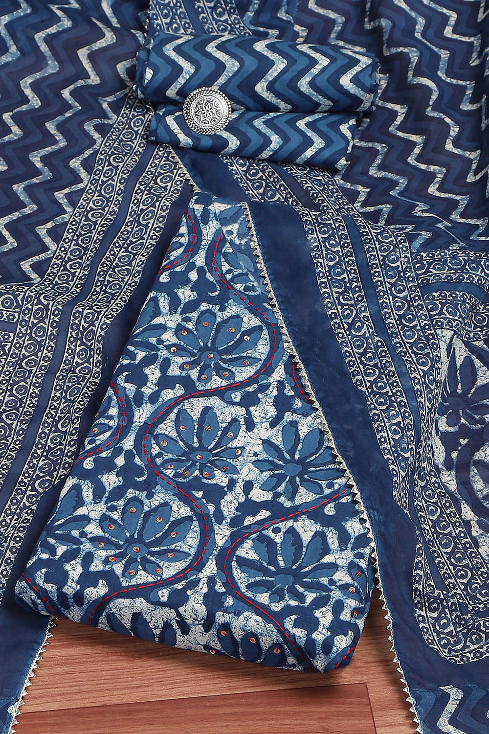 Indigo Cotton Floral-Dyed Unstitched Suit Set image number 0